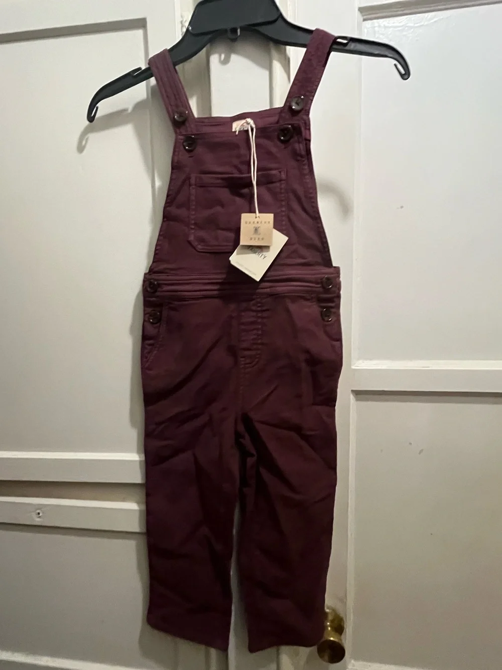 Faherty kids stretch terry overalls in grape size 5